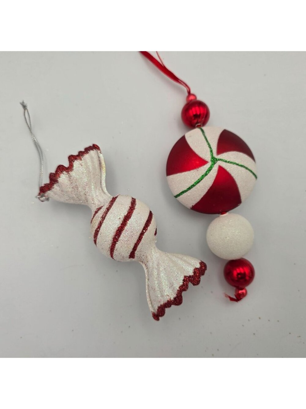 Candy Cane & Peppermint Christmas Ornaments Glittery Red & White Hanging